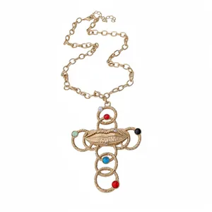 Vintage gold cross necklace featuring a lip pendant and colorful resin beads for women