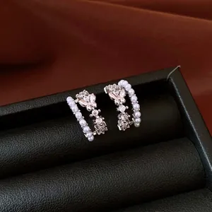 Butterfly C-Shape Hollow Stud Earrings With Artificial Pearl Rhinestone Earring Post Silver Tone Lightweight Jewelry For Women