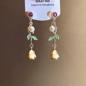 Elegant silver needle earrings with zircon, pearl and enamel flower design