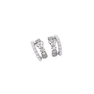 Elegant silver C-shaped hoop earrings featuring butterfly zircon and white faux pearls