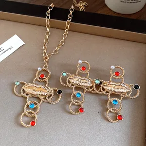 Exquisite vintage cross necklace set with lip pendant and colorful resin stones detail