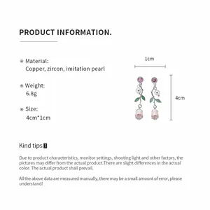 Comprehensive product details for pink floral drop earrings with pearls and zircons