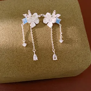 925 Sterling Argento Perno Zirconia Fiore Nappa Orecchini a Bottone Dolce Bianco Goccia d'Olio Floreale Pendenti Donna Gioielli