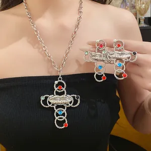 Vintage silver cross necklace and hairclip jewelry set with colorful resin lip motif
