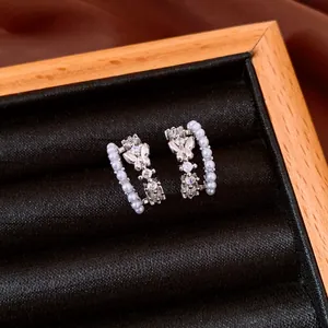 Exquisite silver needle butterfly C-shaped earrings with pearls and zircon stones