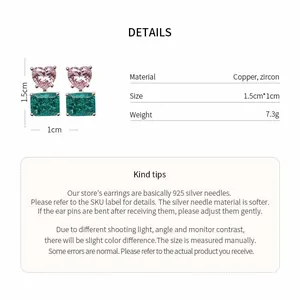 Close-up of heart and square zircon earrings with size and material specifications.