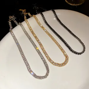 Elegantly crafted square-set rhinestone tennis necklaces in brilliant silver and gold finishes