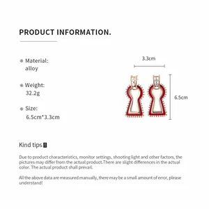 Detailed size and material specifications for red geometric enamel dangle earrings