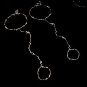 Elegant star zircon slave bracelet with ring and wrist chain in gold and silver finish