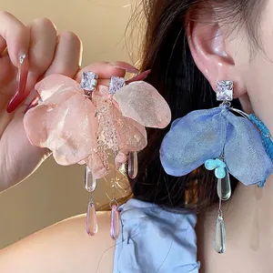 Handmade Chiffon Flower Water Drop Tassel Stud Earrings For Women With 925 Sterling Silver Post Zirconia Glass Summer Fresh Jewelry