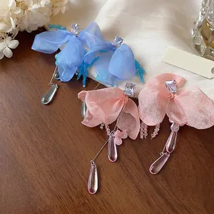 Elegant zircon stud earrings with chiffon flowers and water drop tassels in soft hues