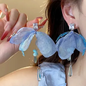 Elegant silver needle zircon earrings with blue chiffon flowers and glass waterdrop tassels