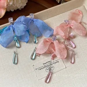 Elegant chiffon flower earrings with zircon studs and glass teardrop tassels.