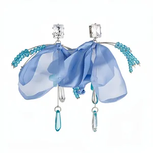 Elegant blue chiffon flower earrings with zirconia studs and crystal water drop tassels