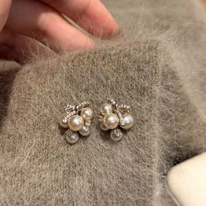 Elegant Cluster Artificial Pearl Stud Earrings With Zirconia Bow Knot Design 925 Sterling Silver Earring Post Women Jewelry