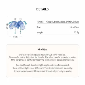 Detailed specification of blue chiffon floral tassel earrings with 925 silver needles.