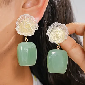 Pendientes de Botón Cuadrados con Flores Arrugadas de Resina Estilo Occidental Joyería para Mujer Con Poste de Plata