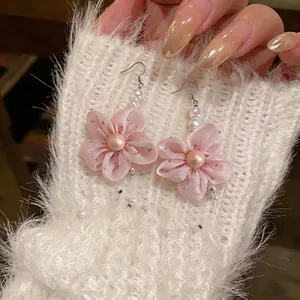French Style Sweet Pink Chiffon Flower Drop Earrings With Artificial Pearl Tassel Long Dangle Earrings For Women Fashion Jewelry