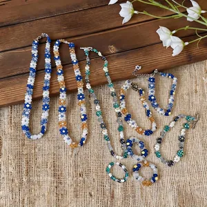 Handmade colorful beaded flower necklace and bracelet jewelry set with stainless steel