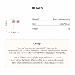 Detailed specifications for pink chiffon flower earrings with resin and rattan materials