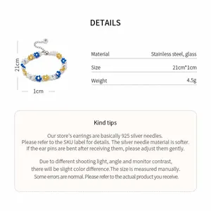 Detailed specifications of the stainless steel flower beaded bracelet showing size and weight.