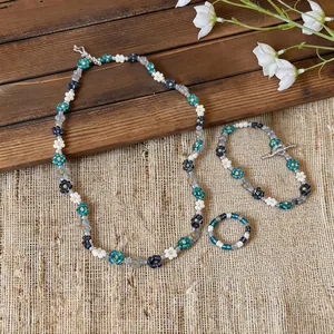 Handmade Korean style flower beaded jewelry set with necklace, bracelet and ring