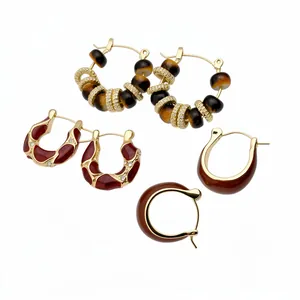 Vintage gold-plated resin hoop earring set with resin beads and enamel details