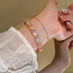 Luxury Square Multicolor Zirconia Bracelet For Women Rose Gold Plated Geometric Inlaid Bangle Elegant Fashion Jewelry