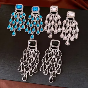 Luxury vintage square and teardrop rhinestone chandelier earrings with long hanging tassels.