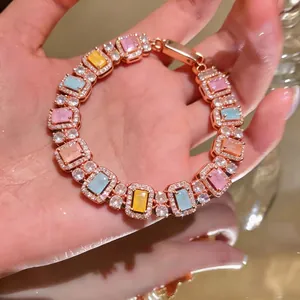 Elegant multi-colored rectangle zircon bracelet with rose gold plating for women