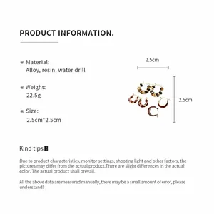 Product info for 6-piece resin geometric hoop earring set with size and material details
