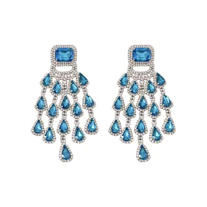 Vintage chandelier earrings with blue square and teardrop crystal gems