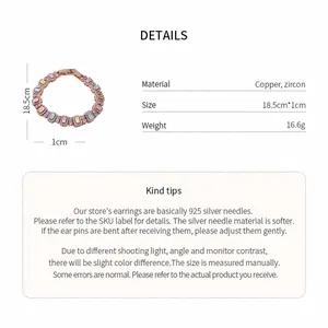 Detailed specs for a colorful zircon square bracelet in elegant rose gold finish.