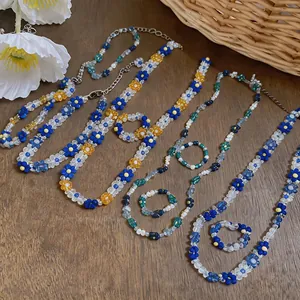 Handmade Korean style blue flower beaded necklace and matching ring jewelry set for women
