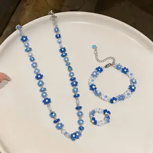 Korean style blue white flower beaded jewelry set including necklace bracelet and ring
