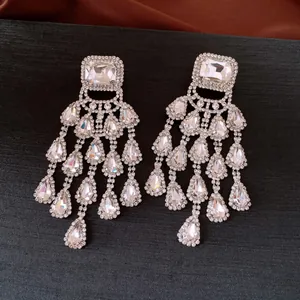 Vintage silver rhinestone earrings with square and teardrop crystal dangles for women