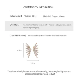 Detailed specs for zircon wing earrings with size measurements and 18k gold plating