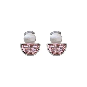 Elegant French vintage pink crystal semi-circular ear clips with silver frame and cat eye bead