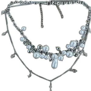 Elegant multi-layer white pearl necklace with silver chain for formal dress accessories