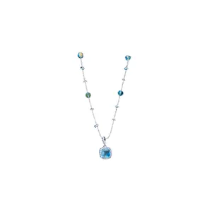 Elegant silver necklace featuring a square blue gemstone pendant and matching iridescent beads