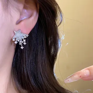Exquisite silver star stud earrings with sparkling cubic zirconia tassels for women.