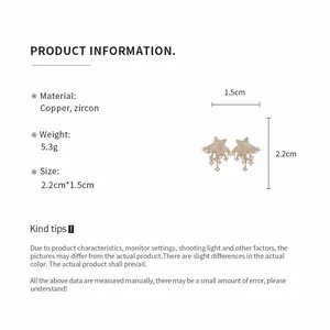 Detailed view of elegant star-shaped copper earrings with zircon and size specifications
