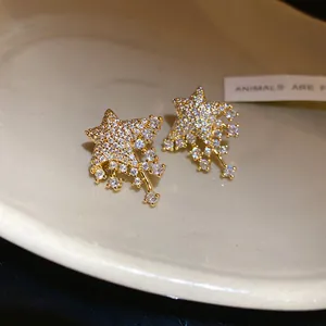 Macro view of sparkling gold-plated star earrings with cascading zircon stones for women