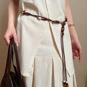 Vintage Ethnic Style Wooden Beaded Waist Chain For Women Handmade Braided Leather Rope Waist Strap Dress Jewelry Accessory