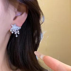 Elegant silver star stud earrings with sparkling zircons, minimalist fashion design