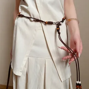 Retro ethnic style leather rope waist chain with wooden beads for dresses