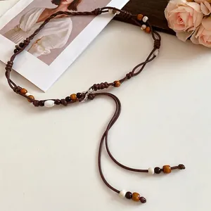 Retro ethnic style leather rope waist chain with wooden beads for dresses
