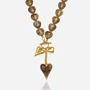 Stainless Steel Amber Acrylic Heart OT Buckle Necklace For Women Light Luxury Gold Plated Heart Pendant Jewelry Gift