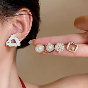 French Vintage 925 Sterling Silver Earring Post Geometric Artificial Pearl Rhinestone Earrings Gold Plated Elegant Jewelry for Women