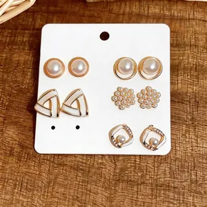 Elegant 5-pair geometric pearl and rhinestone earring set in gold-tone for women